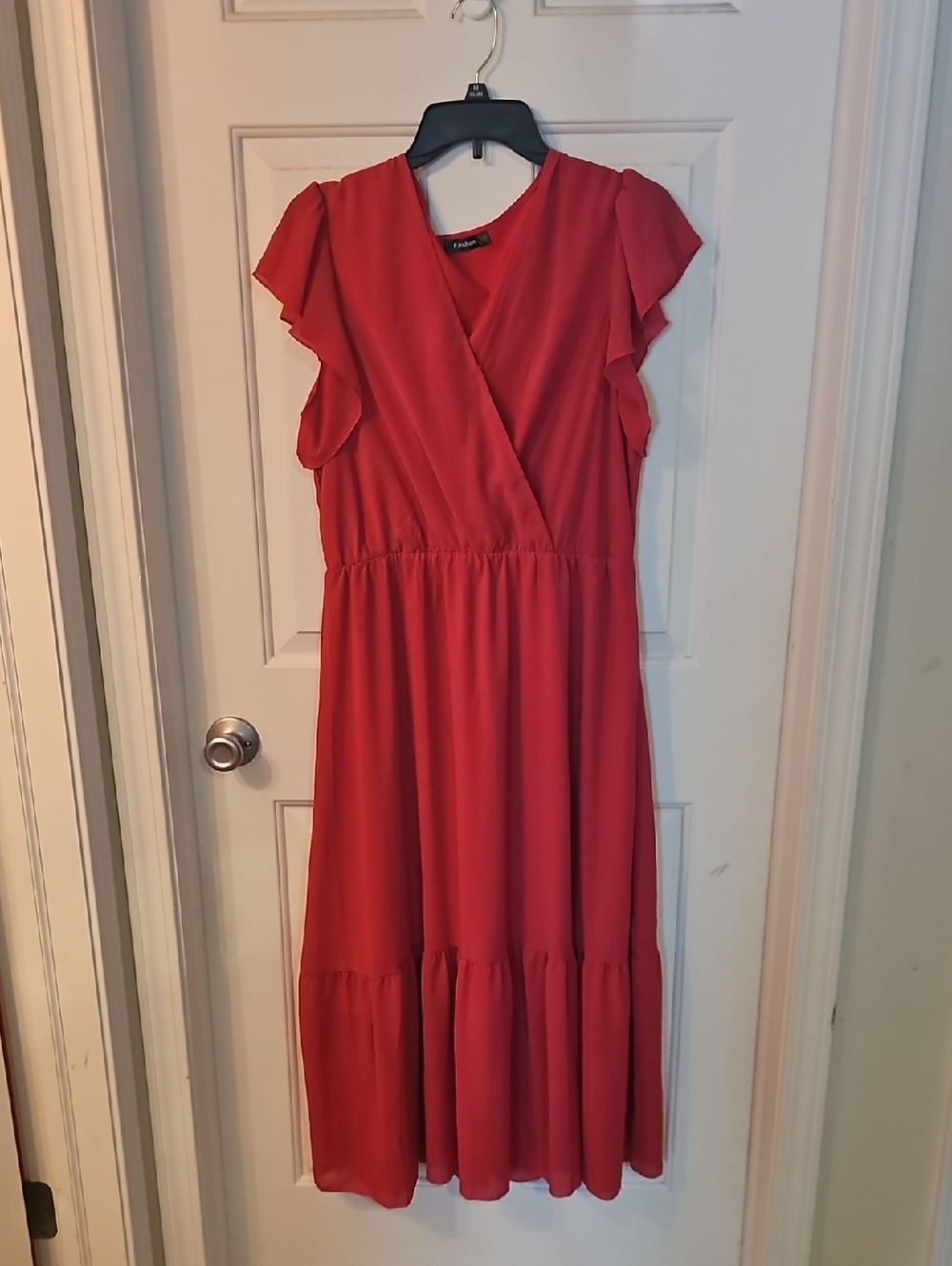 Red Flutter Sleeve V-Neck Midi Dress - Unbranded